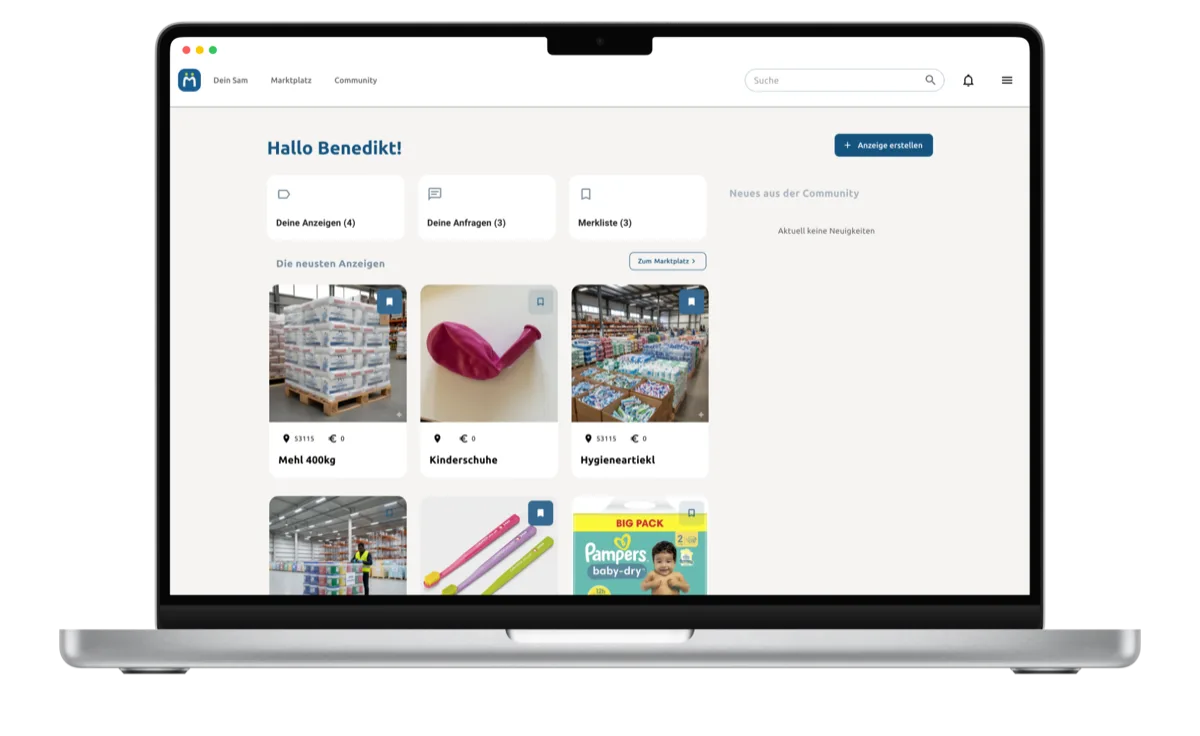 Startseite der SAM Web-App mit den neuesten Anzeigen auf dem Marktplatz