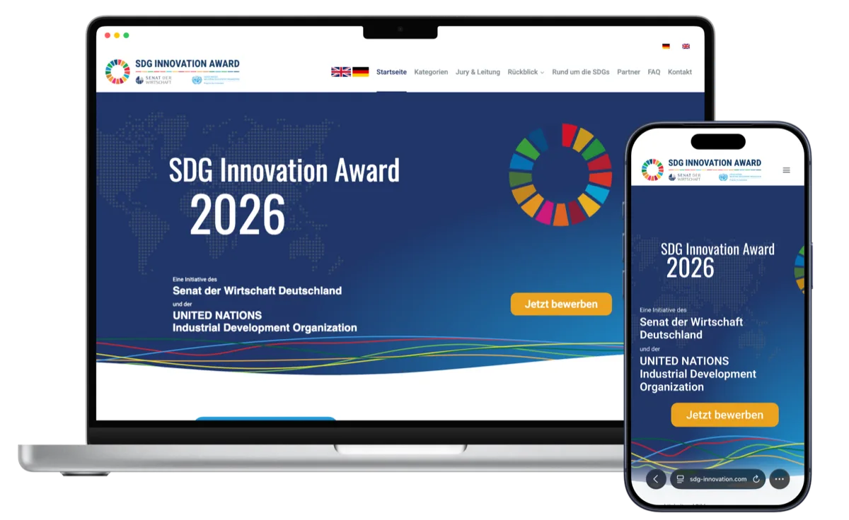 Startseite des SDG Innovation Award 2026 auf Laptop und Smartphone